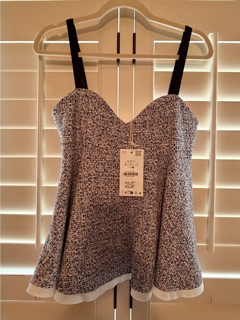 NWT Navy and white tweed peplum cami top